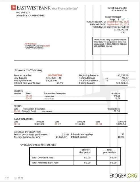 Modèle Word et PDF de relevé de compte en Cisjordanie Est des États Unis